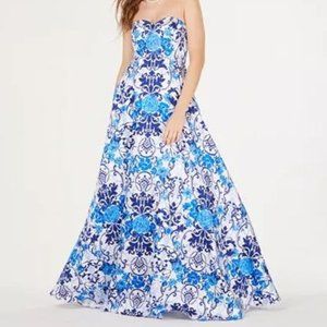 Rhinestone-studded Strapless Gown Blue & White